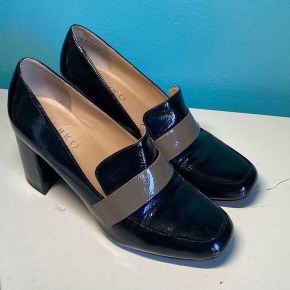 Franco Sarto Womens Heels Size 7 / 37 Black Patent Leather 3" Block Heel Shoes - Picture 2 of 15